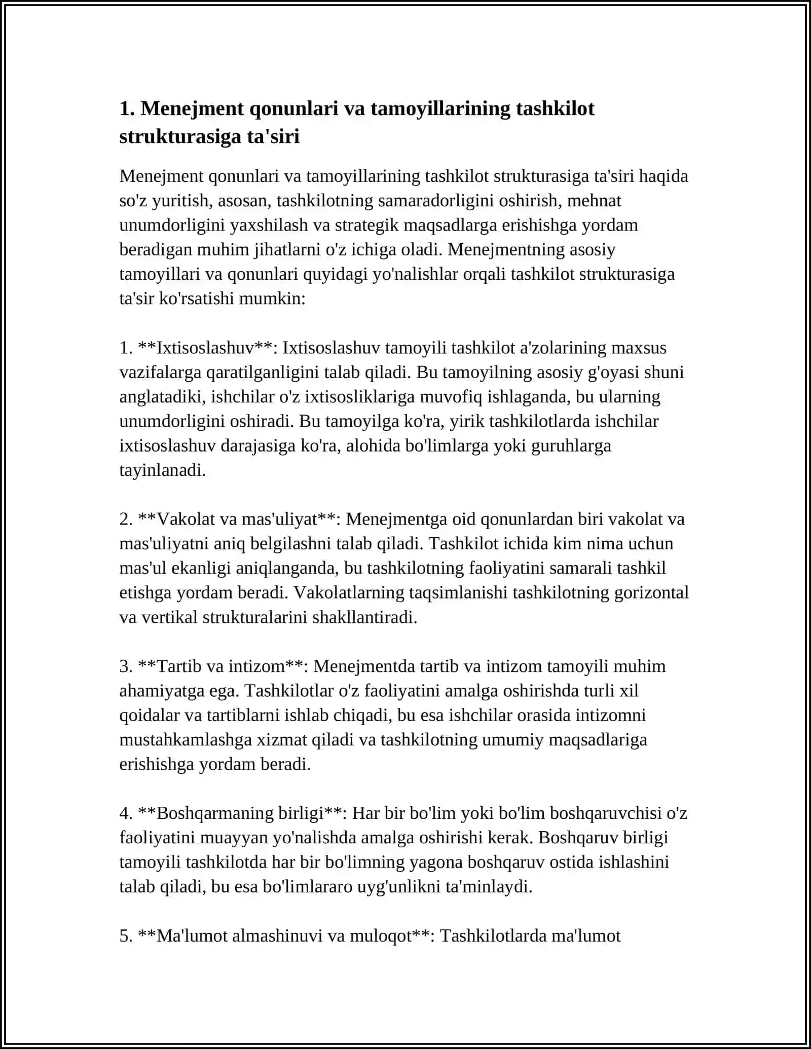 MENEJMENT QONUNLARI VA TAMOYILLARINING TASHKILOT FAOLIYATIGA TASIRI 3