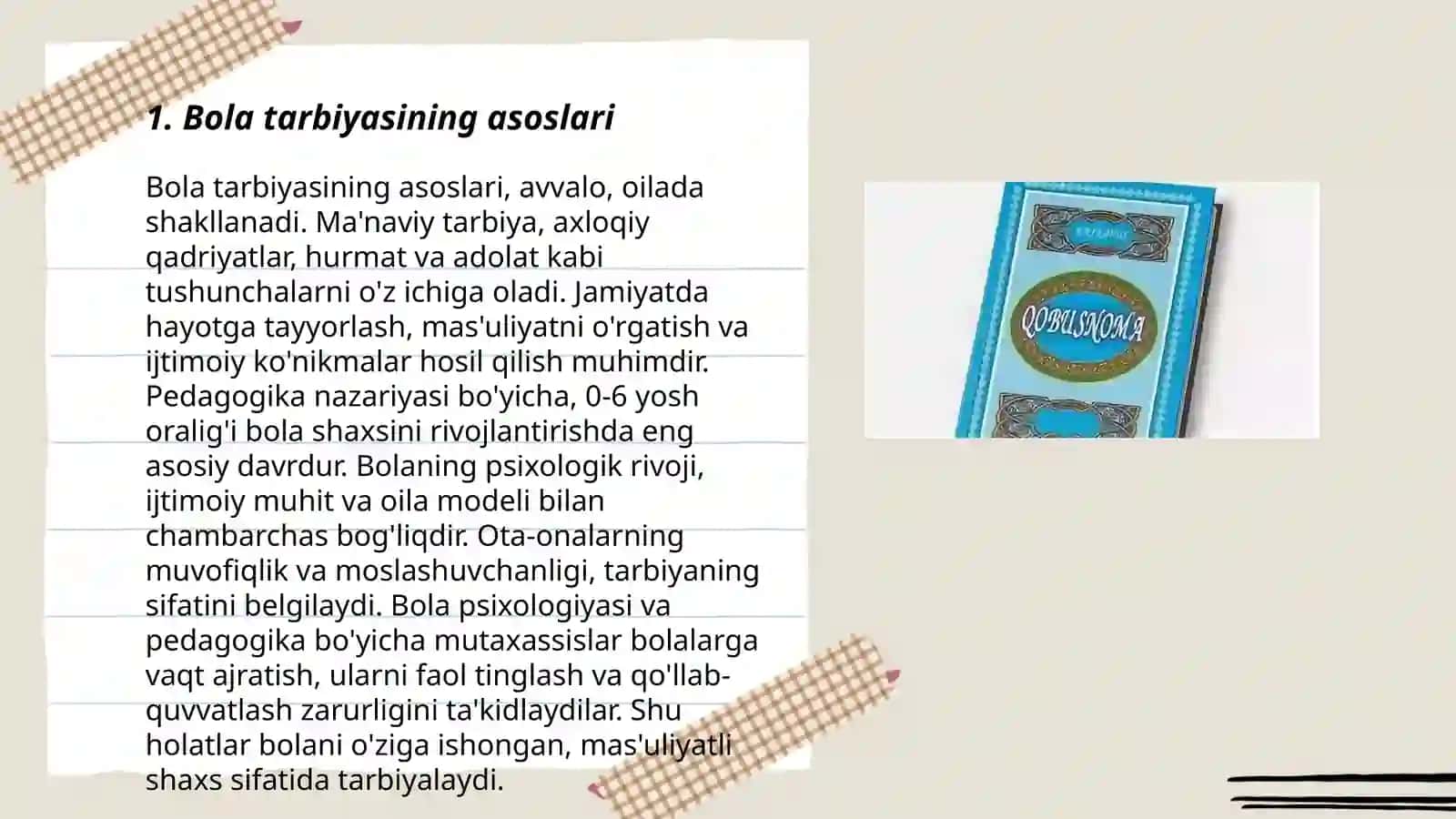Kaykovusning "Qobusnoma" asarida bola tarbiyasi 3