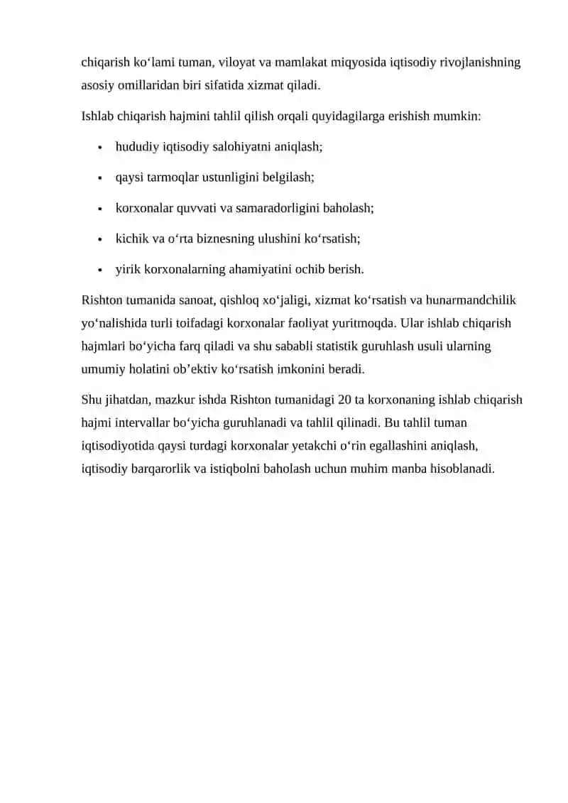 Ishlab chiqarish hajmining interval bo‘yicha guruhlash 3