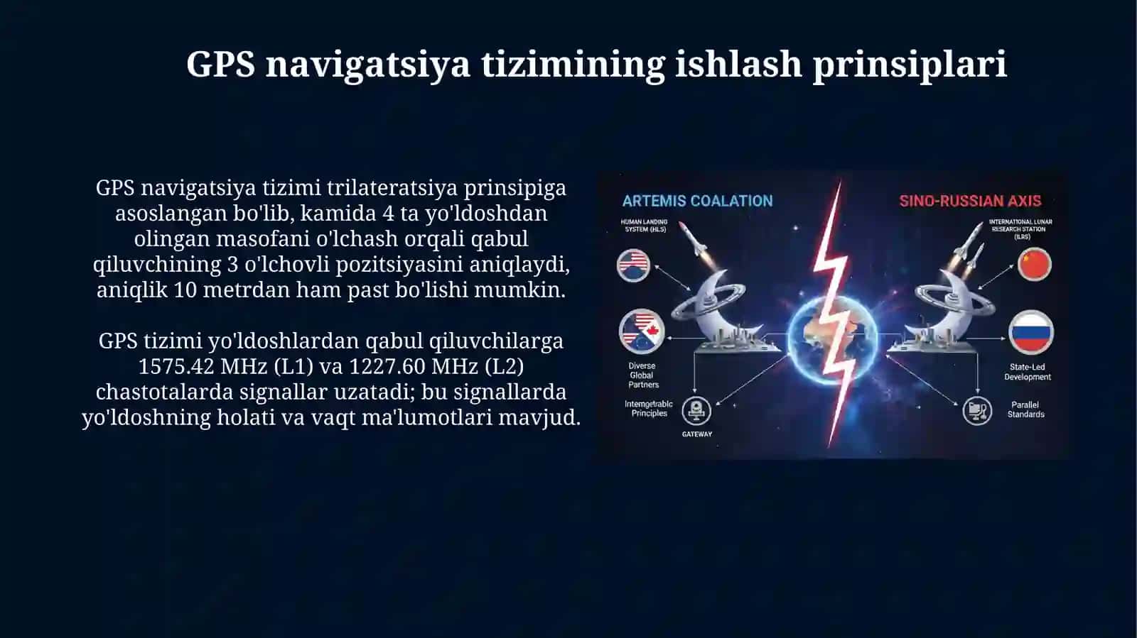 GPS navigatsiya tizimi:ishlash tamoyillari, segment tuzilishi vaqo'llanilishsohalari 3