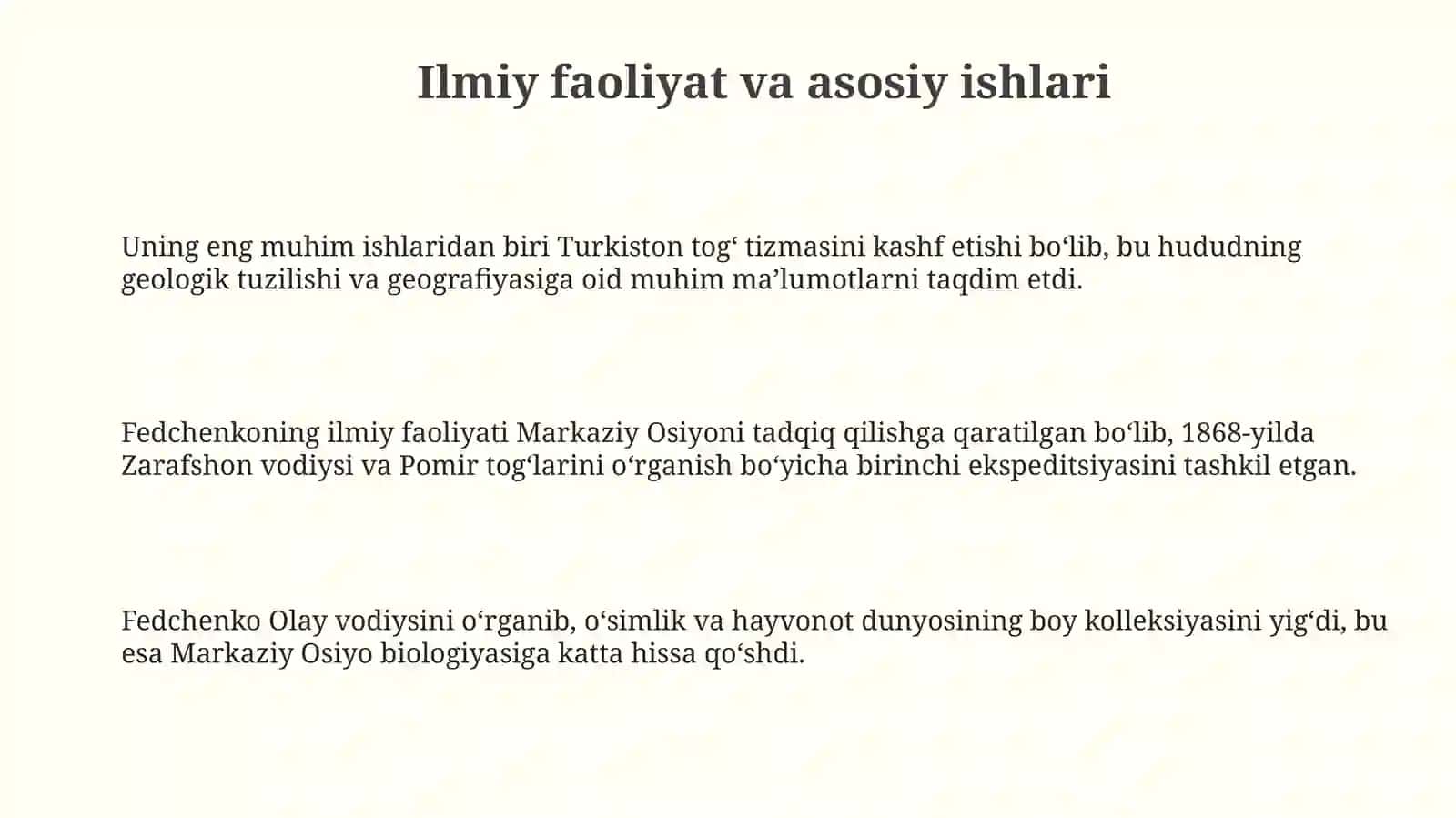 Fedchenkoning Oʻrta Osiyoni oʻrganishga qoʻshgan hissasi 3