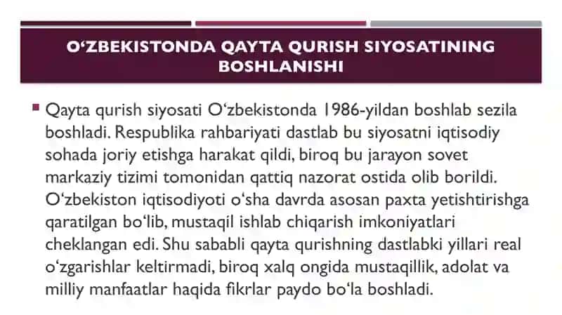 Qayta qurish yillarida Oʻzbekistondagi ijtimoiy-siyosiy vaziyat 3