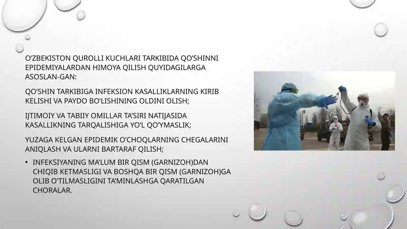 Harbiy epidemiologiya moduli haqida. Qo’shinlarda epidemik jarayonni rivojlanish mexanizmi. Bakteriologik (Biologik) qurol. Bakteriologik qurolga ta’rif. Sanitariya epidemiologik razvetka. Bakteriologik razvetka. 3