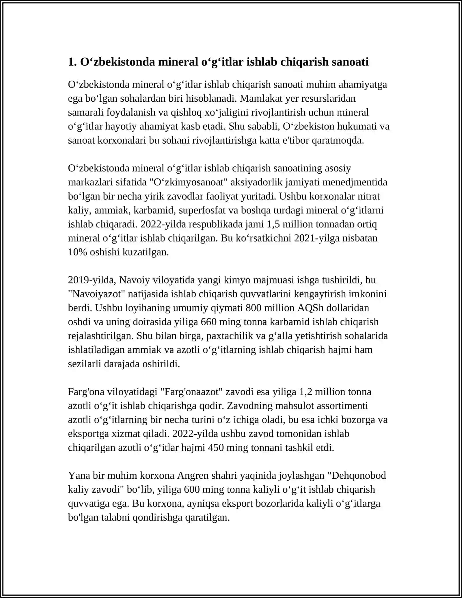 OʻZBEKISTONDA MINERAL OʻGʻITLAR VA TUZLAR ISHLAB CHIQARISH KIMYO SANOATI KORXONALARI ULARNING MAHSULOTLARI VA QOʻLLANILADIGON TEXNOLOGIYALARI 3