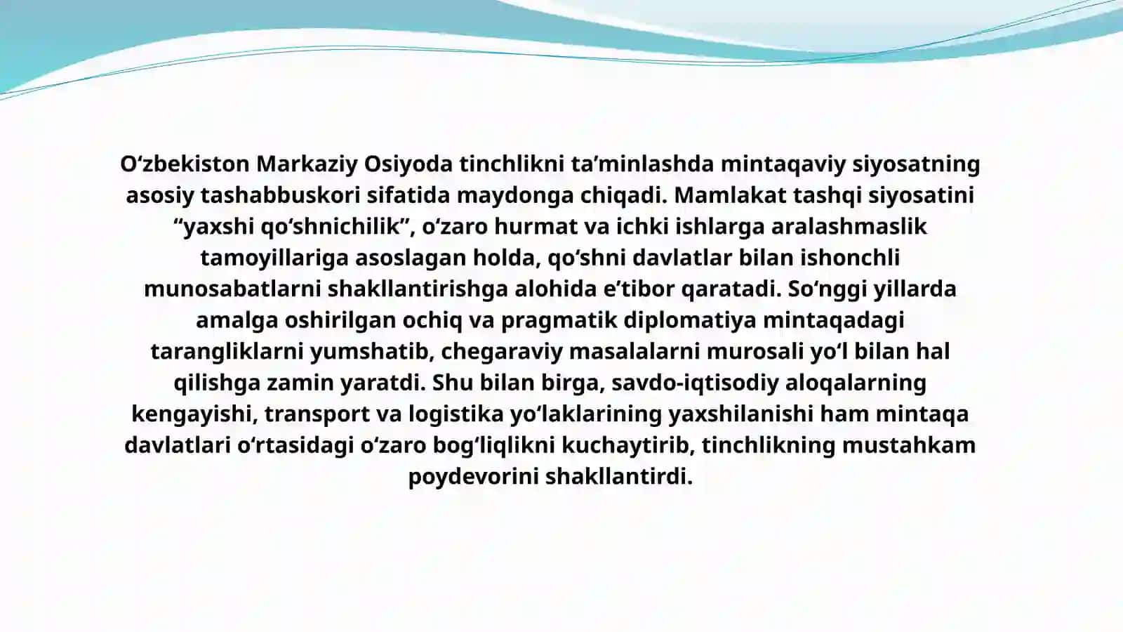 Oʻzbekistonning Markaziy Osiyoda tinchlik va barqarorlikni ta'minlashdagi oʻrni 3