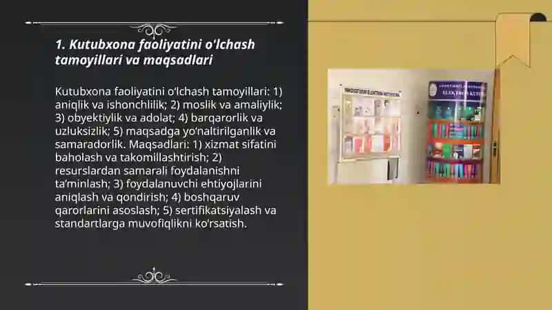 Òlchashlarning kutubxona-axborot faoliyatidagi ahamiyati. Kutubxona haqida sertifikatsiyalash 3