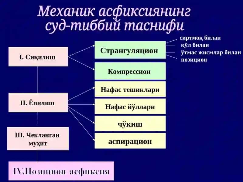Механик асфиксия-механик таъсир сабабли организмда кислород ва карбанат ангидриднинг ку’пайиши 3