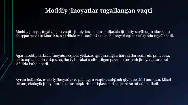 Moddiy, formal va kesik tarkibli jinoyatlarning tamom bo‘lish vaqti 3