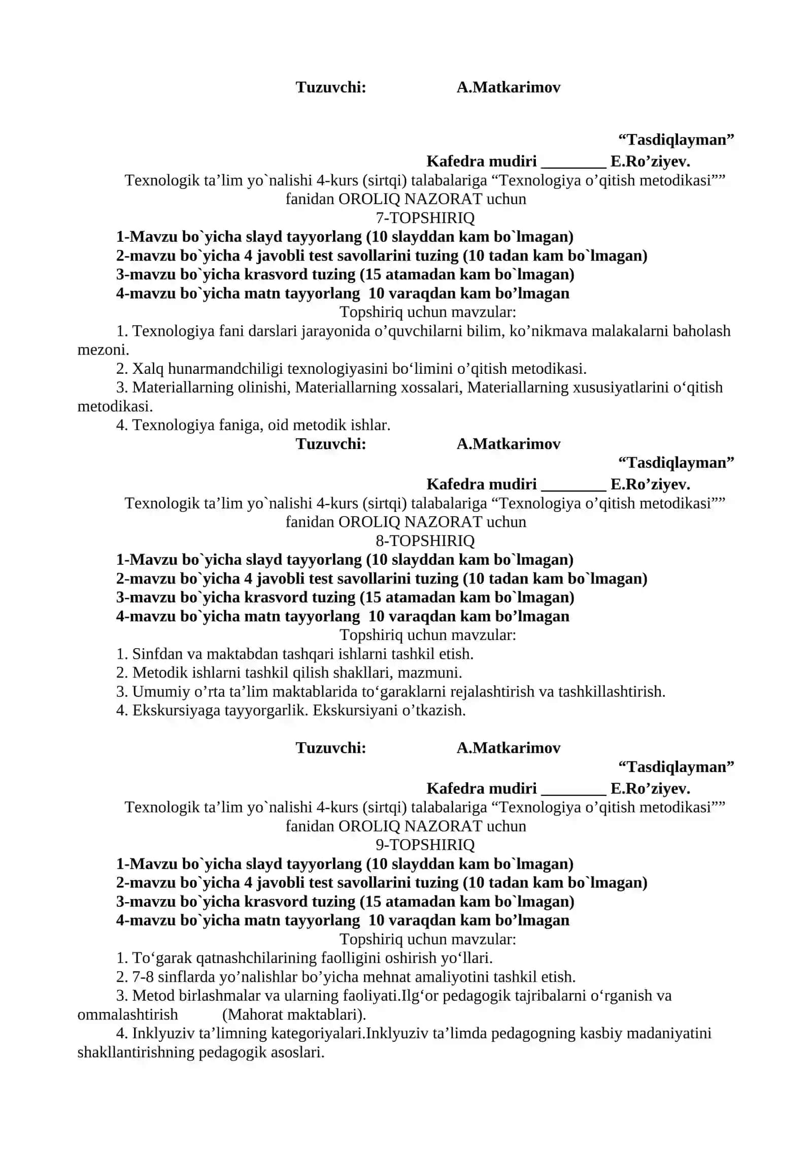 Texnologiya ta’limi metodikasi fanidan Oraliq nazorat topshiriqlari 3