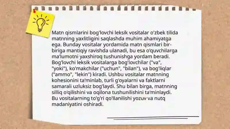 Matn qismlarini bog'lovchi leksik vositalar yuzasidan taqdimot tayyorlash 3