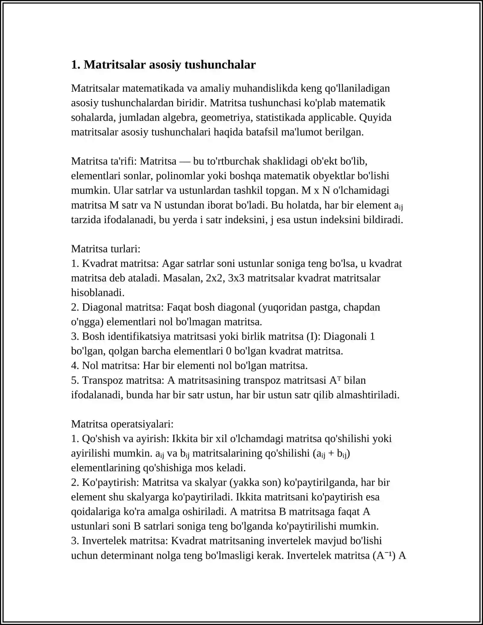 MATRITSA VA ULAR USTIDA AMALLAR BAJARISH 3