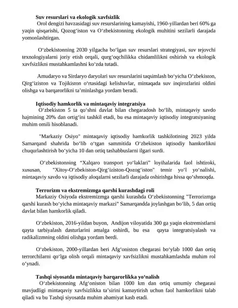 O'zbekistonning markaziy Osiyoda tinchlik va barqarorlikni taʼminlashdagi oʻrni 3