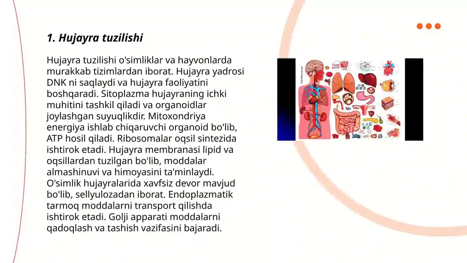 Hujayra va organizmning hayotiy xossalari va Toʻqimalar organlar va organizm 3