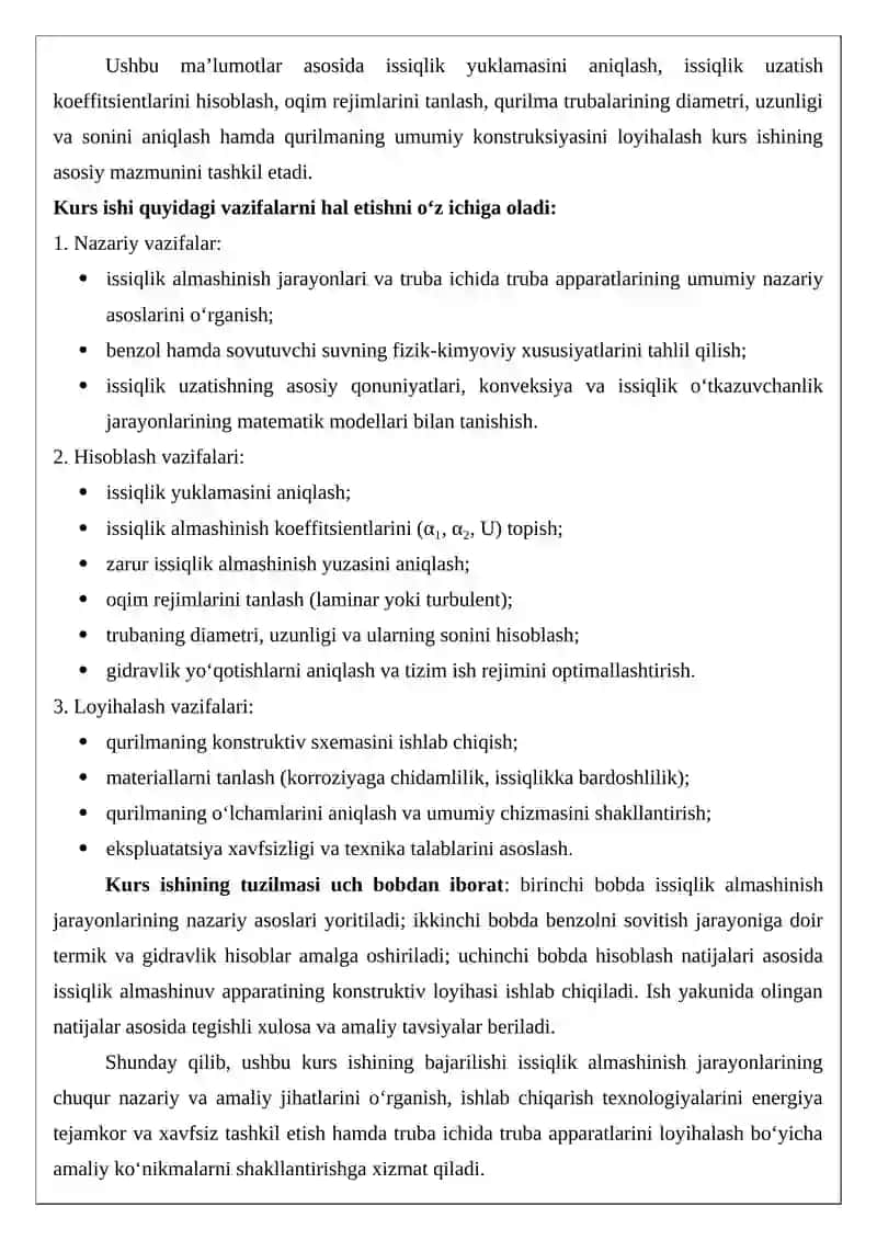 Benzolni suv bilan sovutish uchun truba ichida truba issiqlik almashinish qunimasini hisoblang va lo 3