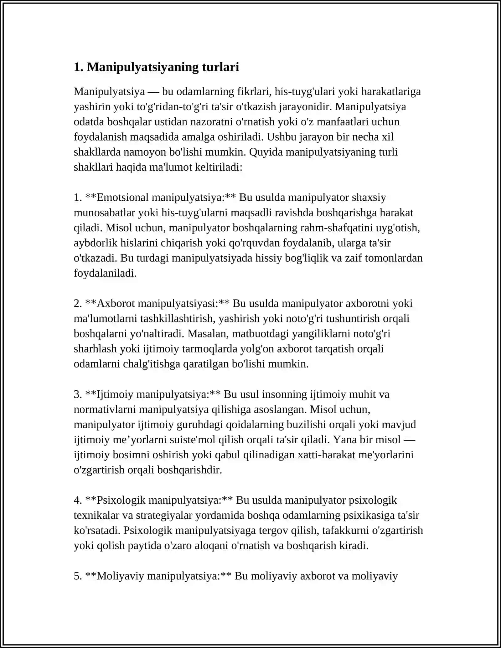 MUSTAQIL ISH Mavzu: MANIPULATSIYA ZARARLARI, KELIB CHIQISH SABABLARI 3