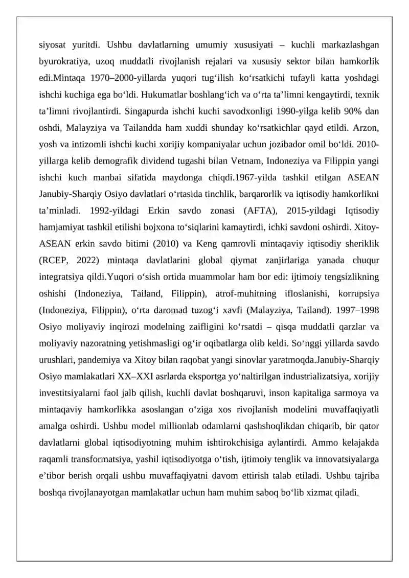 Janubiy sharqiy Osiyo mamlakatlarining XX-XXI asrda iqtisodiy rivojlanish modeli 3