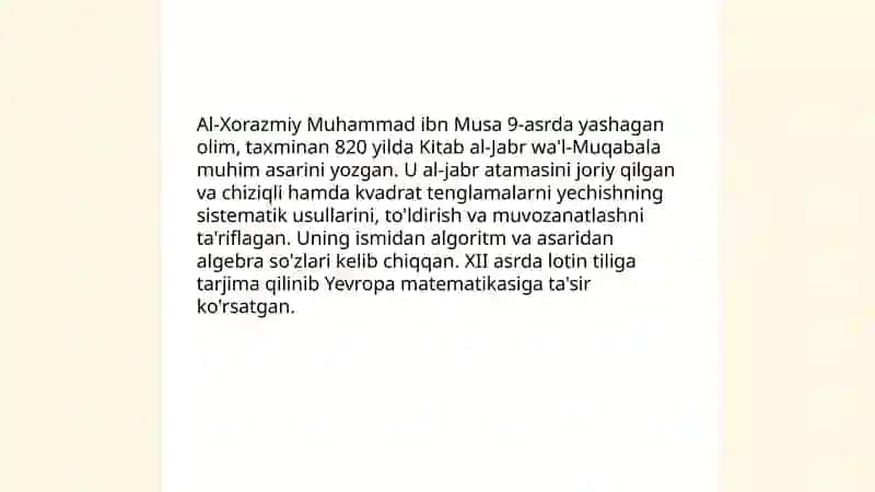 Al-Xorazmiy va al-jabr: algebra asoslari 3