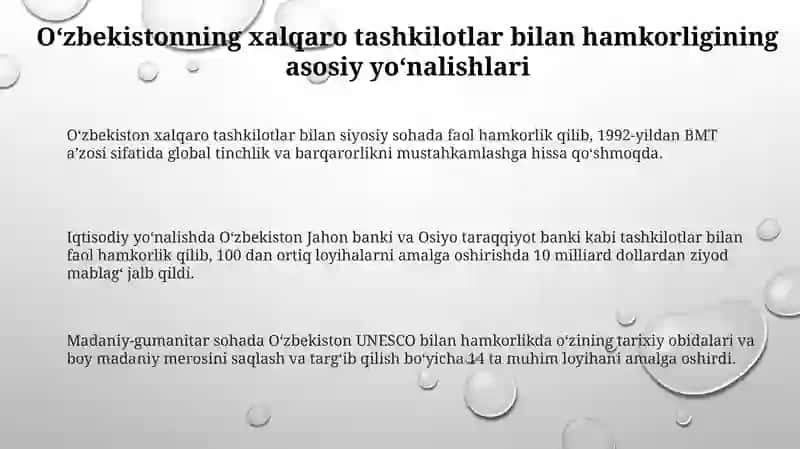 Oʻzbekistonning xalqaro tashkilotlar bilan hamkorlik aloqalari 3