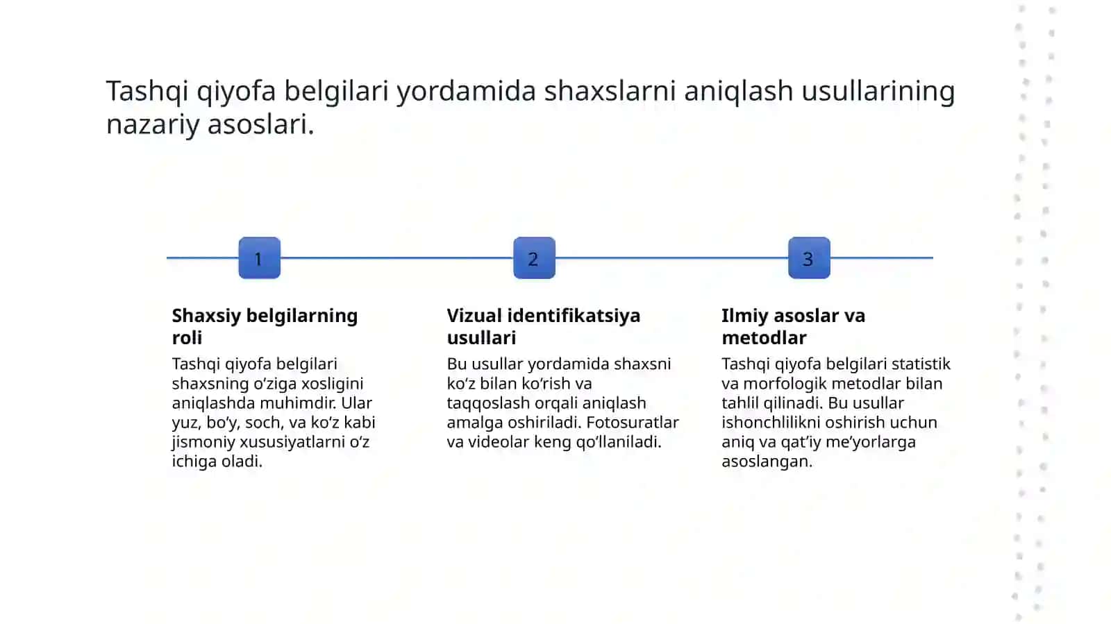 Odamlarni tashqi qiyofa belgilari asosida identifikatsiya qilish. Kriminalistik ro'yxatga olish. Kriminalistik taktikaning umumiy qoidalari. Tergovni rejalashtirish va tashkil etish. 3