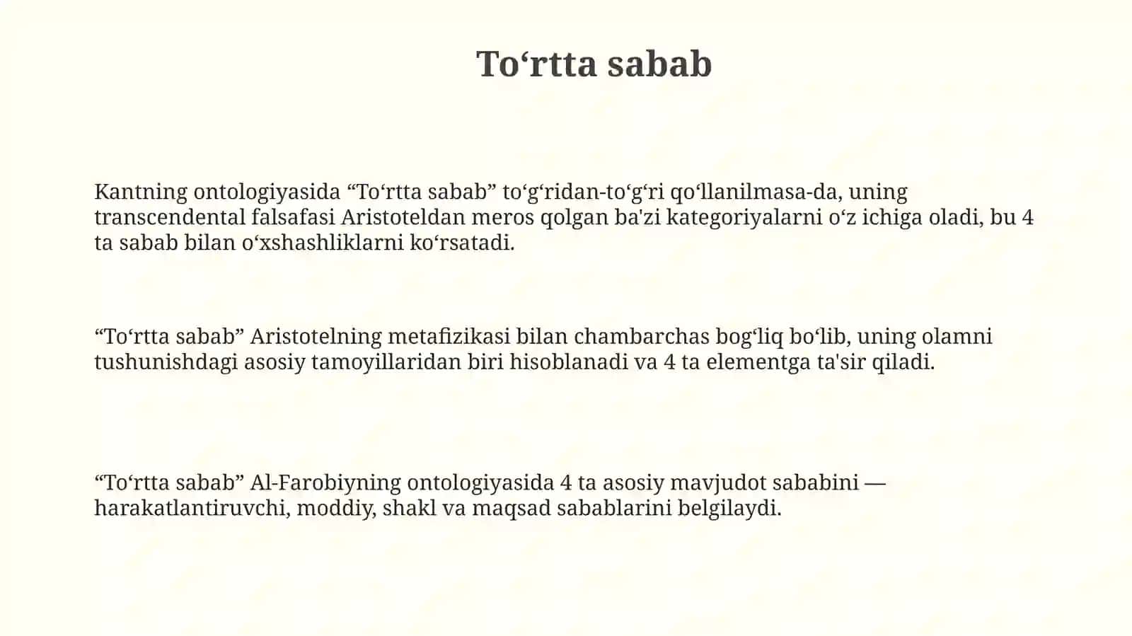 Aristotel, Farobiy va Kant ontologiyasi kategoriyalarining tasnifi 3