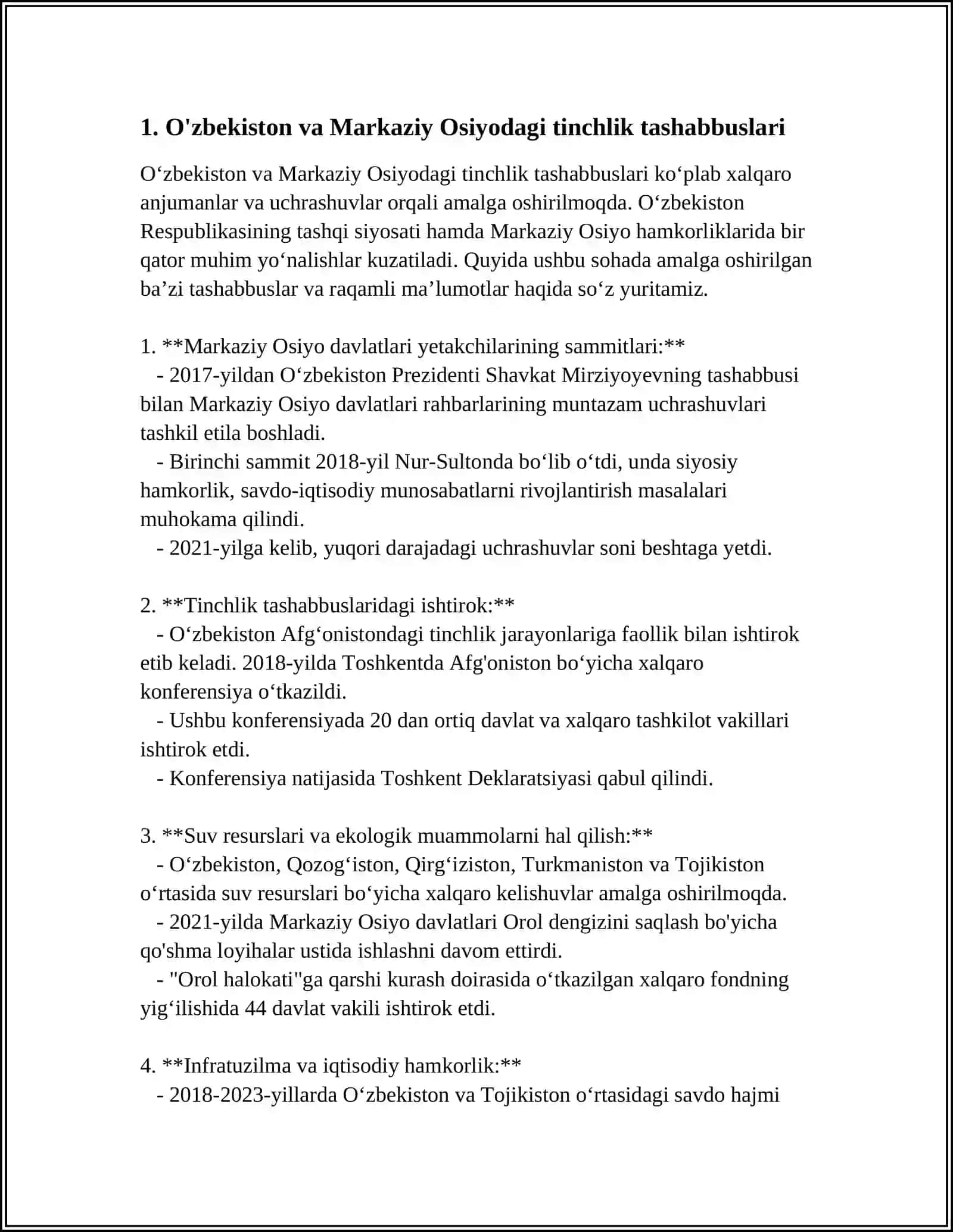 O'ZBEKISTONNING MARKAZIY OSIYODA TINCHLIK VA BARQARORLIKNI O'RNATISHDAGI O'RNI 3