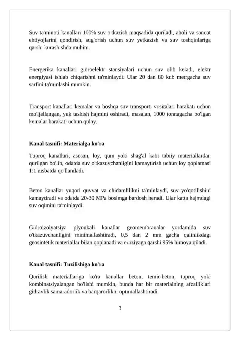 Kanallar.ularning turkumlanishi.koʼndalang kesim oʼlchamlari va shakllari.ularni trassalash 3