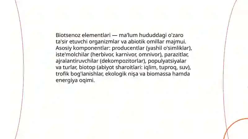 Biotsenoz elementlari Klassifikatsiyasi Turlarning dominantlik darajasi va xilma xilligi Olimboyeva Muxlisa 3
