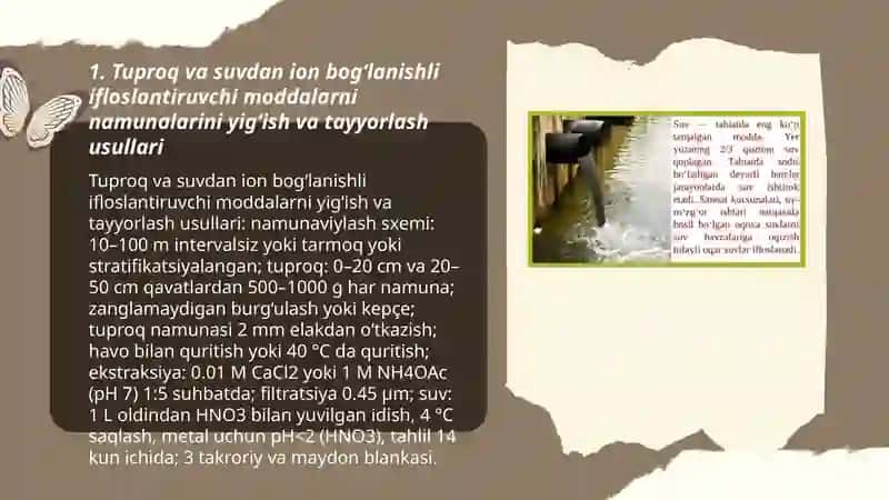 Tuproq va suvdagi ion bog'lanishli ifloslanuvchi moddalarni aniqlash, ularni miqdorlarini baholash va ekologik tozalash usulini taklif etish 3