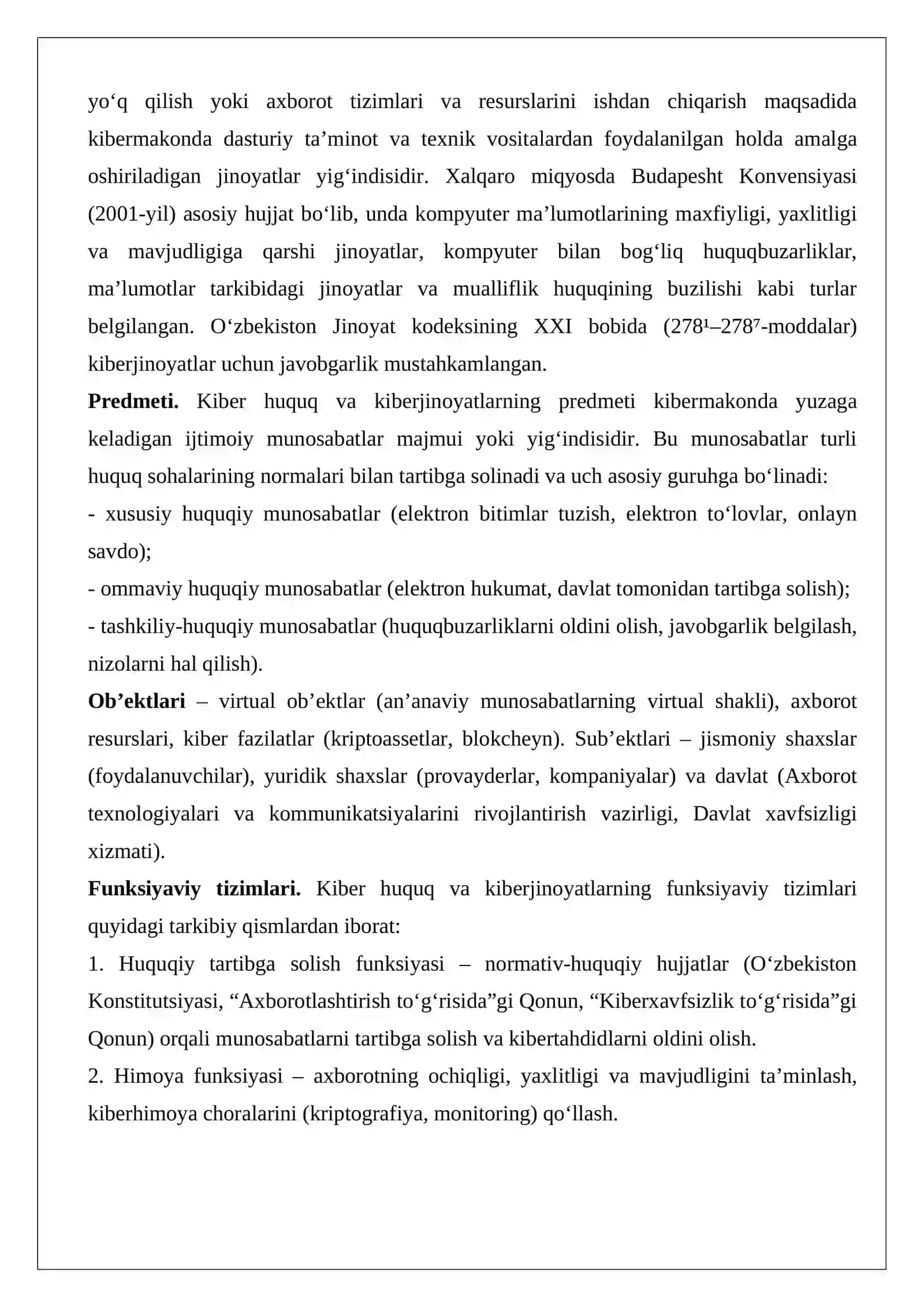 Kiber huquq va kiberjinoyatlar tushunchasi, predmeti va funksiyaviy tizimlari 3