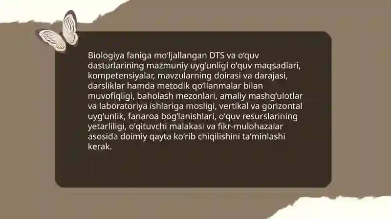Umumiy òrta ta'lim makatablari va òrta maxsus ta'lim muassasalari uchun biologiyadan tuzilgan DTS,òquv dasturi,darsliklar va metodik qòllanmalarni òrganish va ular òrtasidagi uzviylikni tahlil etish 3