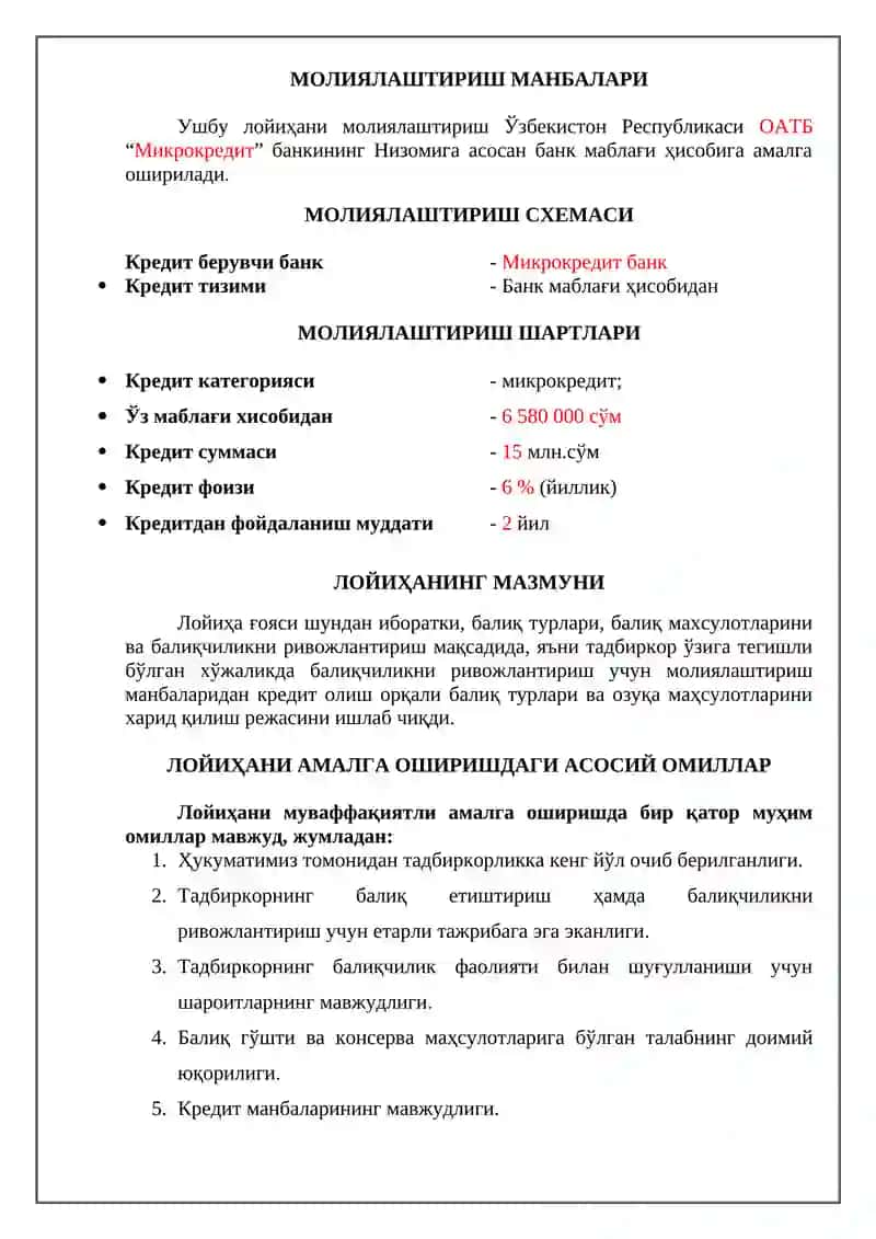 БАЛИҚЧИЛИКНИ РИВОЖЛАНТИРИШ БЎЙИЧА ТАЙЁРЛАНГАН БИЗНЕС-РЕЖАСИ 3