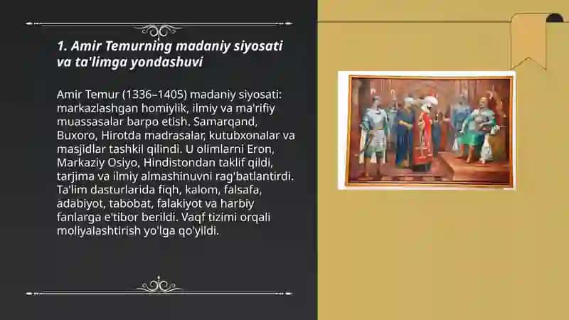 Amir Temur va Temuriylar davrida madaniy ta'lim tarbiya masalalari 3