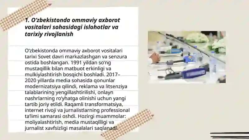 Oʻzbekiston Respublikasida ommaviy axborot vositalarining faoliyati (o'zgarish va muommalari) 3