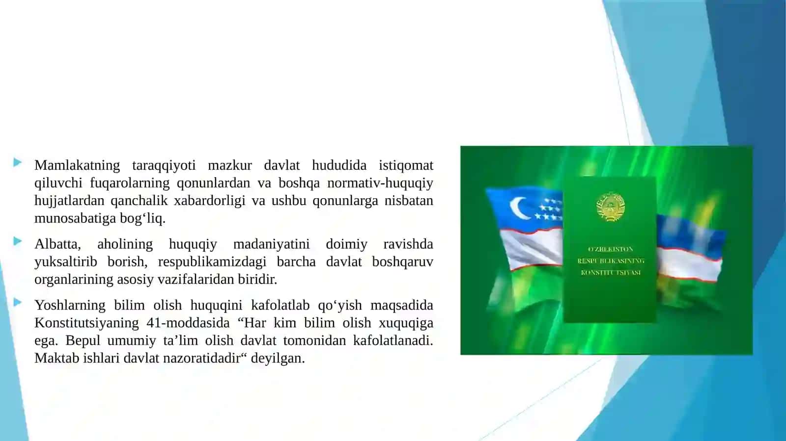 KONSTITUTSIYA VA YOSHLAR YOSHLARNING HUQUQLARINI HIMOYA QILISH BO'YICHA DAVLATNING MAJBURIYATLARI. 3