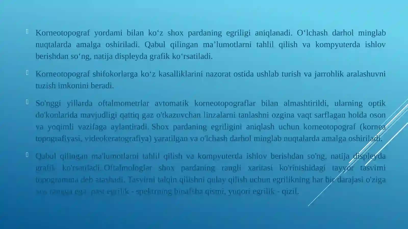 Korneotopografning tuzilishi, ishlash prinsipi.Korneotopografningoptikasi 3