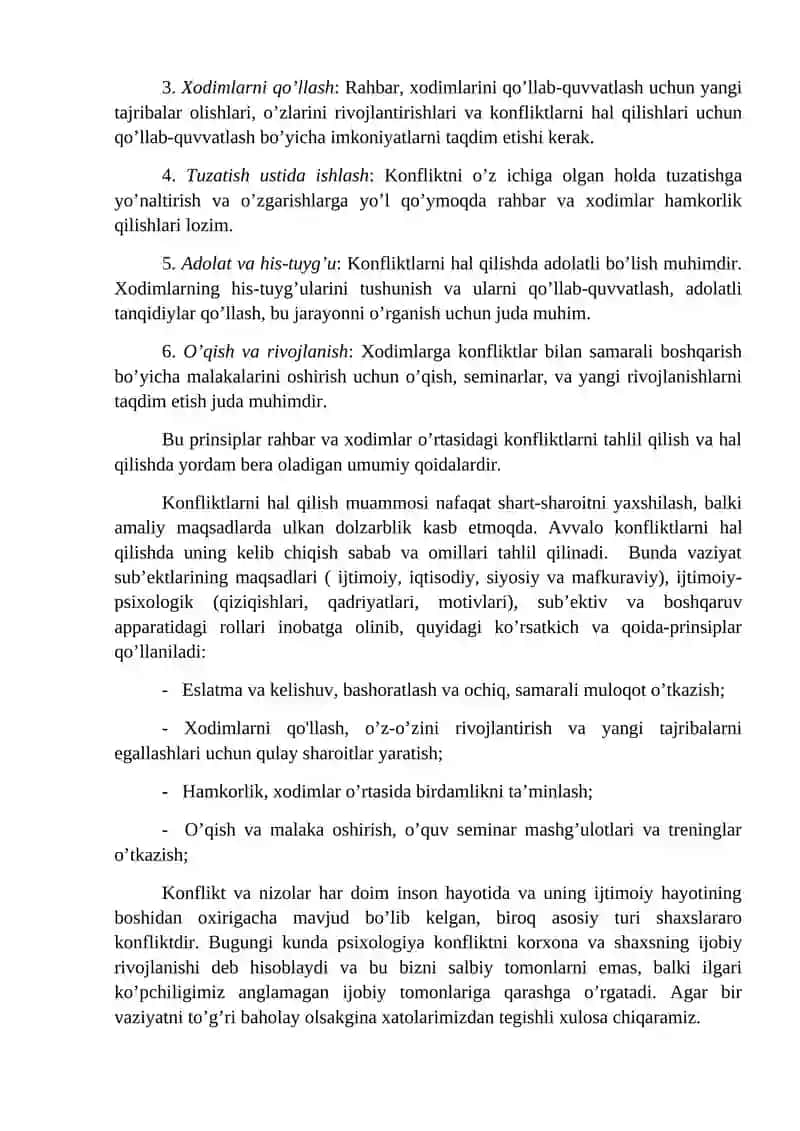 KORXONA VA MUASSASALAR FAOLIYATIDA NIZOLI VAZIYATLAR, ULARNI KAMAYTIRISH VA BOSHQARISH YO’LLARI 3
