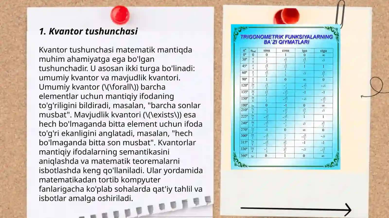 Kvantorlar, umumiylik va mavjudlik. Bajariluvchi, rad etiluvchi formulalar. Aynan rost, aynan yolg'on formulalar. Teng kuchli formulalar 3