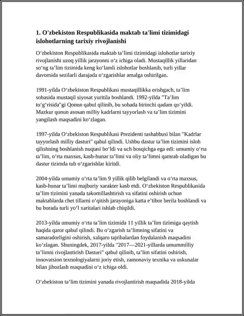 O'ZBEKISTON RESPUBLIKASIDA MAKTAB TALIMI TIZIMIDA AMALGA OSHIRILAYOTGAN ISLOXOTLAR REFERAT 3