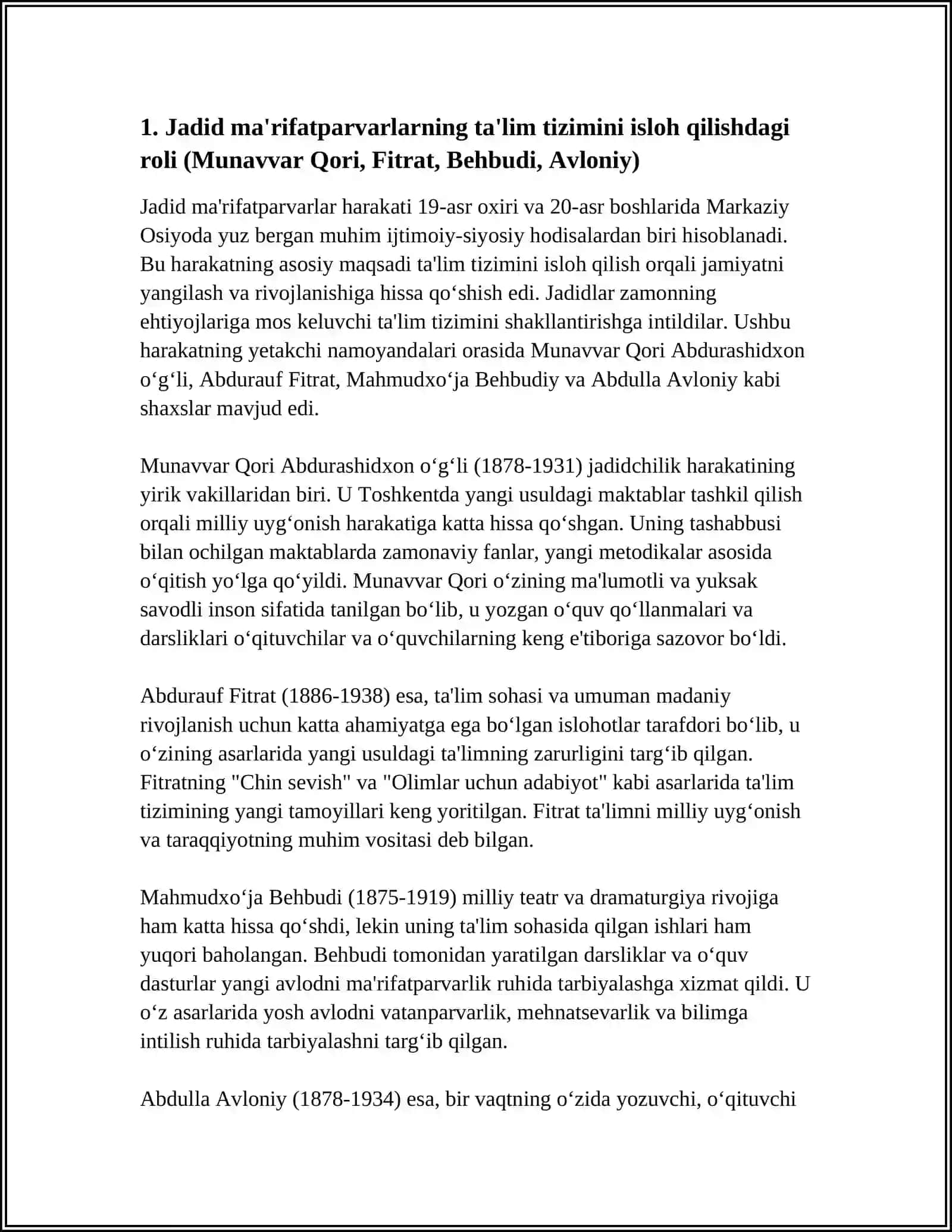 JADID MA'RIFATPARVARLARNING O‘LKAIJTIMOIY-MA'NAVIY HAYOTDA TUTGAN O‘RNI MUNAVVAR QORI,FITRAT,BEHBUDIY AVLONIY VA BOSHQALAR 3