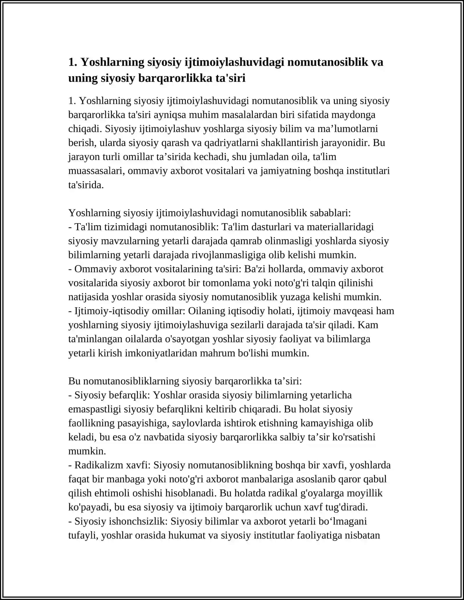 SIYOSIY IJTIMOIYLASHUVDAGI NOMUTANOSIBLIK VA UNING SIYOSIY BARQARORLIKKA TA’SIRI 3