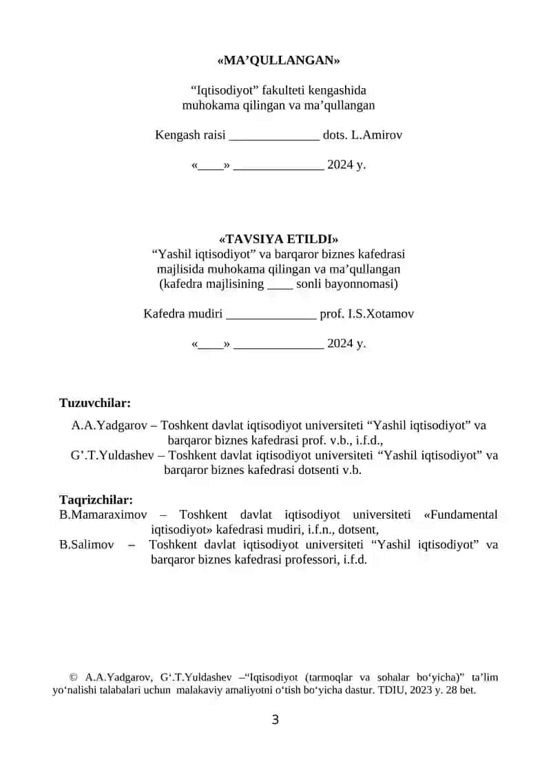 Iqtisodiyot (tarmoqlar va sohalar bo‘yicha) ta’lim yo‘nalishi bitiruvchi kurs talabalari uchun MALAKAVIY AMALIYOTNI O‘TISh BO‘YICHA DASTUR 3