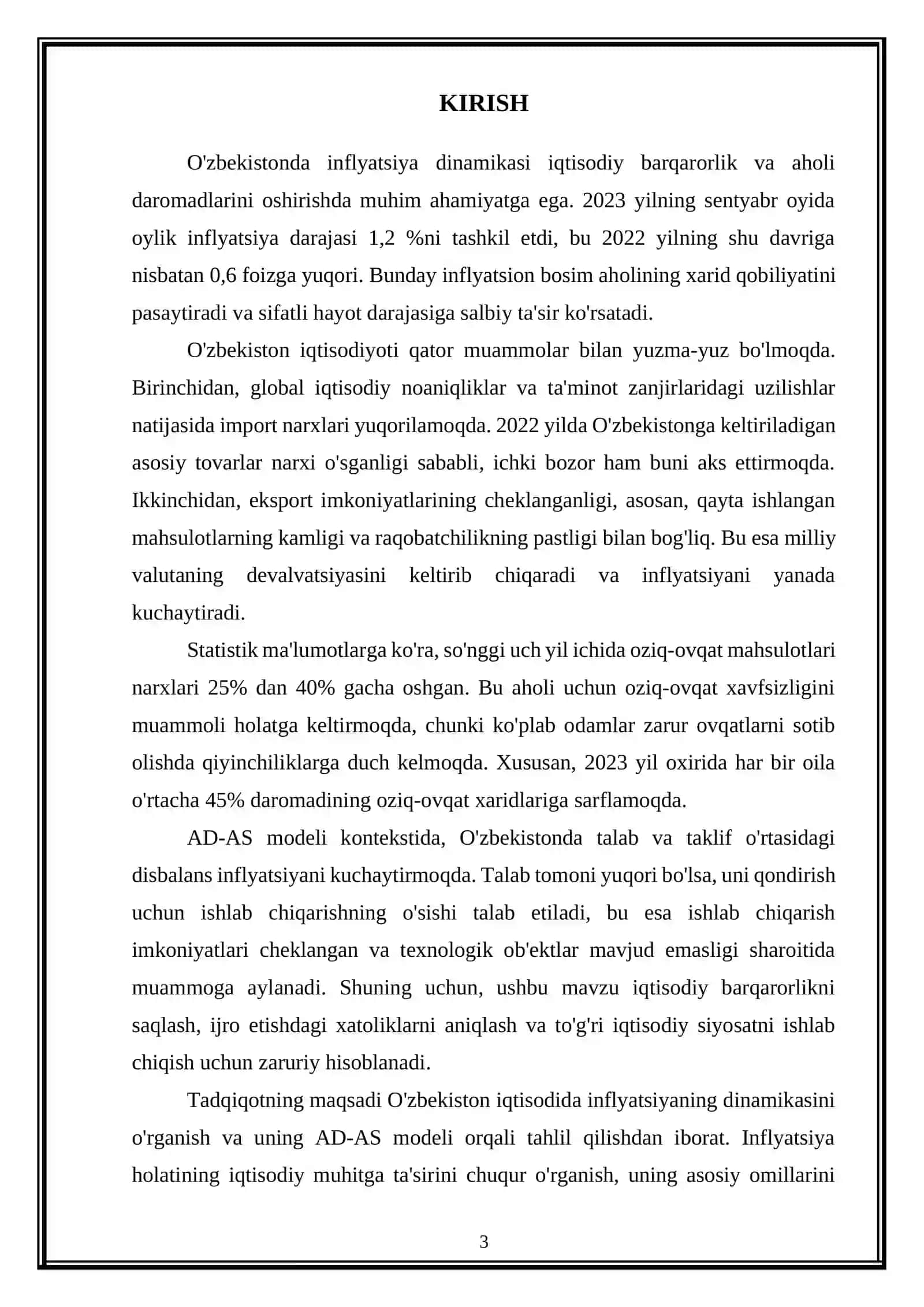 O'RINBOYEVA SARVINOZNING «O'zbekistonda inflyatsiya dinamikasi va AD-AS modeliga mosligi» mavzusidagi KURS ISHI 3
