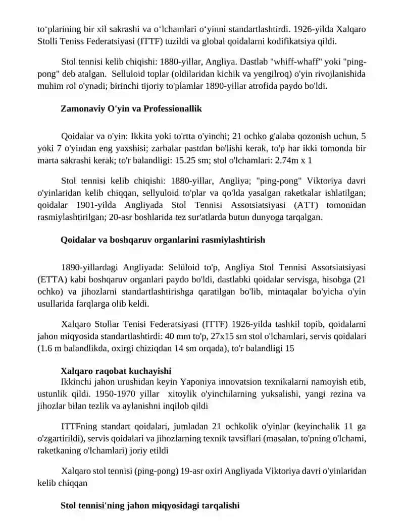 Stol tennisi o'yining kelib chiqishi qoidalari va rivojlanish tarixi 3
