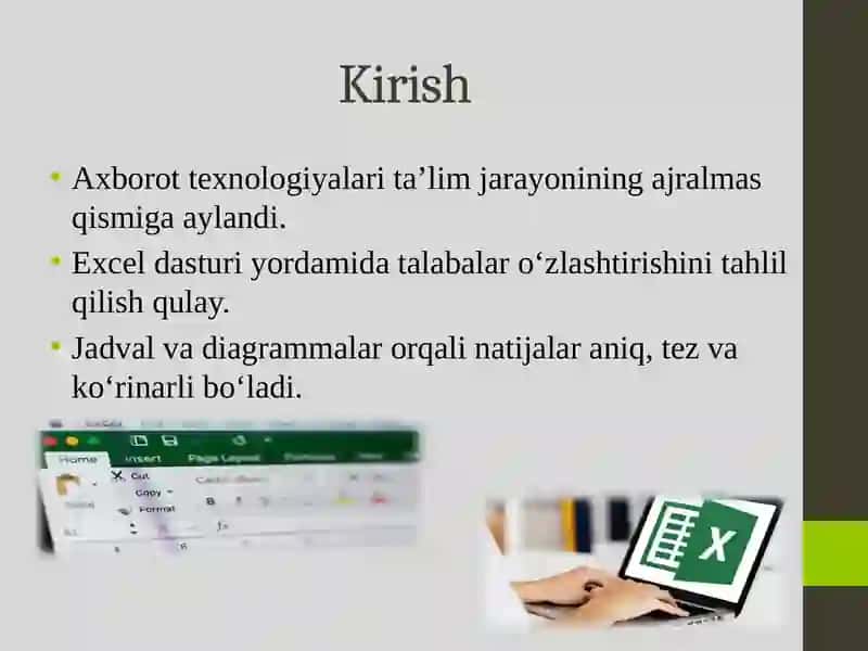 Excel dasturida turli hisobotlar tayyorlash. Excel dasturida guruh talabalarining fanlari bo’yicha o’zlashtirish ko’rsatkichi, sifat ko’rsatgichlarini hisoblash va jadval tuzish, natijalar asosida diagrammalar yaratish. 3