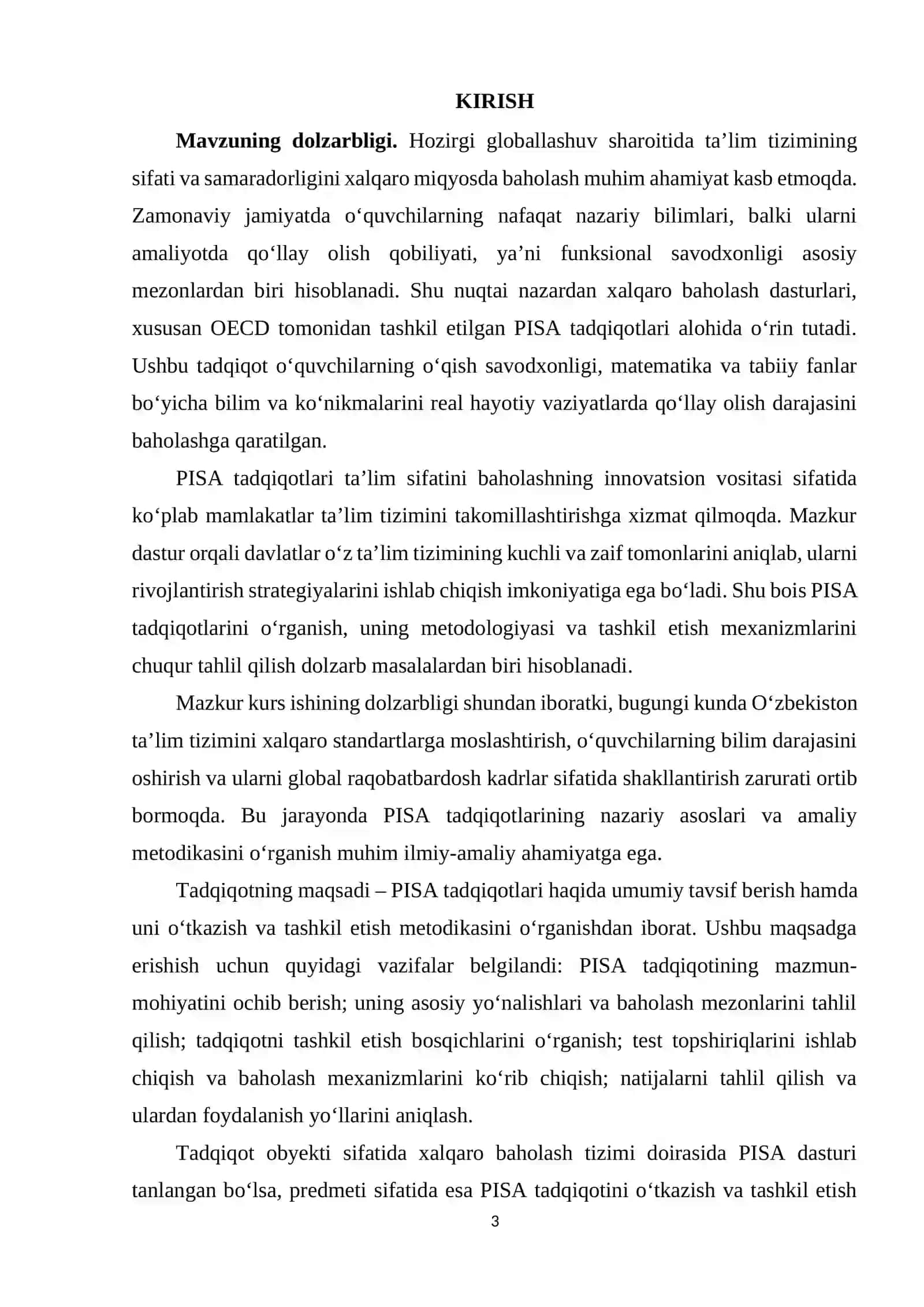 PISA TADQIQOTLARI HAQIDA UMUMIY TAVSIFLAR. PISA TADQIQOTINI O’TKAZISH VA TASHKIL ETISH METODIKASI 3