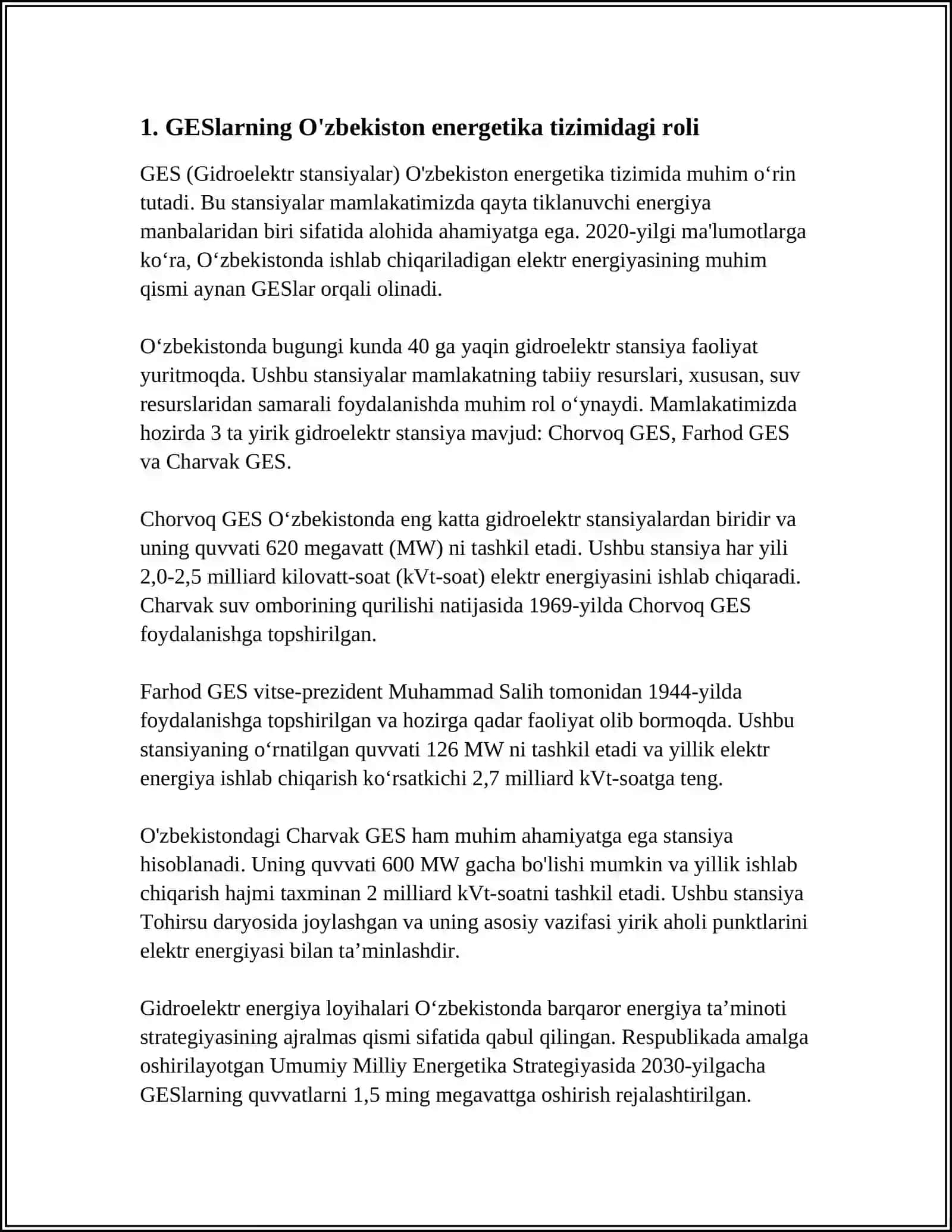 OʻZBEKISTONDA GES LARNING HOZIRGI KUNDAGI OʻRNI 3