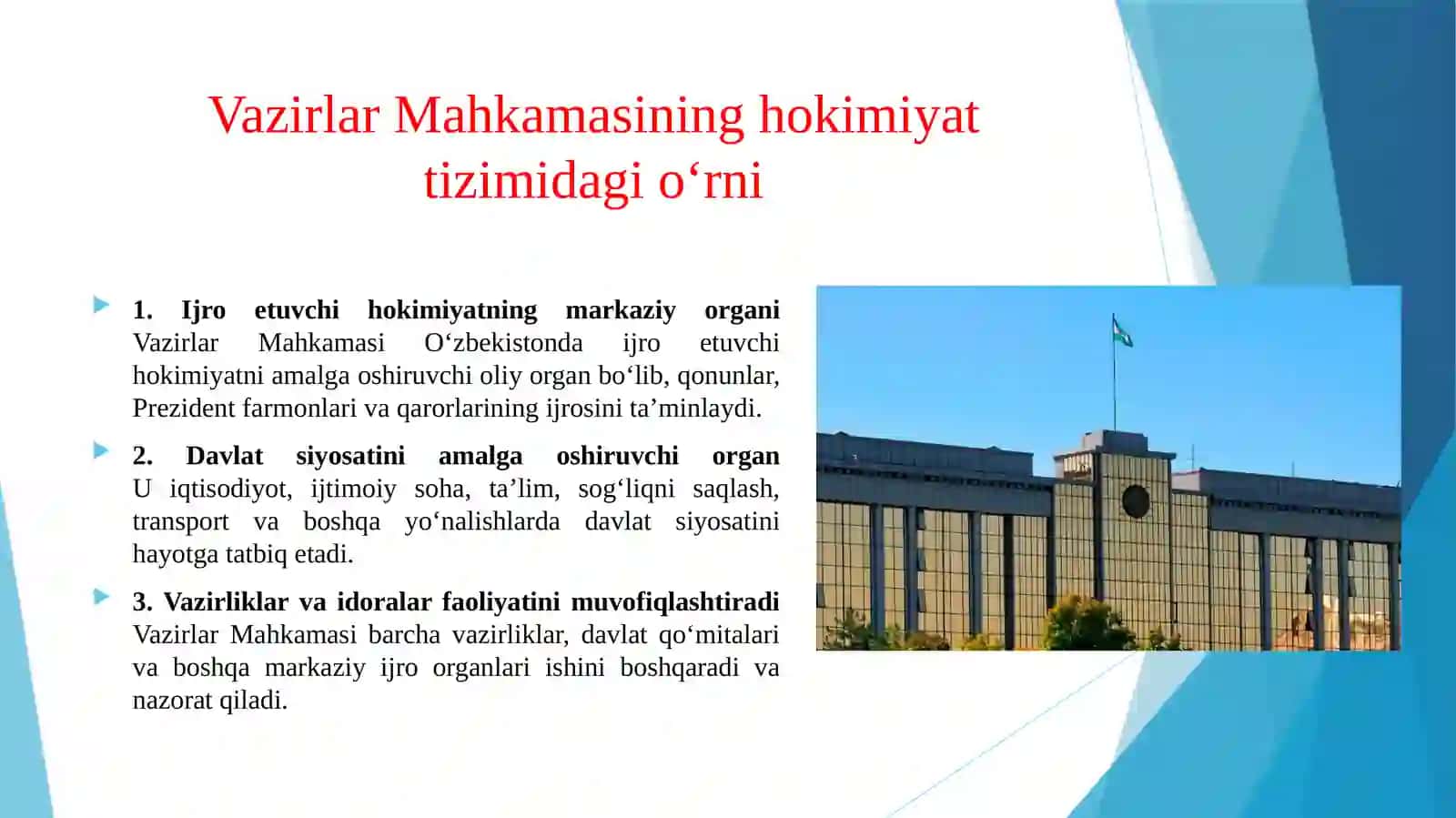 OʻZBEKISTON RESPUBLIKASI VAZIRLAR MAHKAMASINING HOKIMIYAT TIZIMIDAGI O‘RNI 3