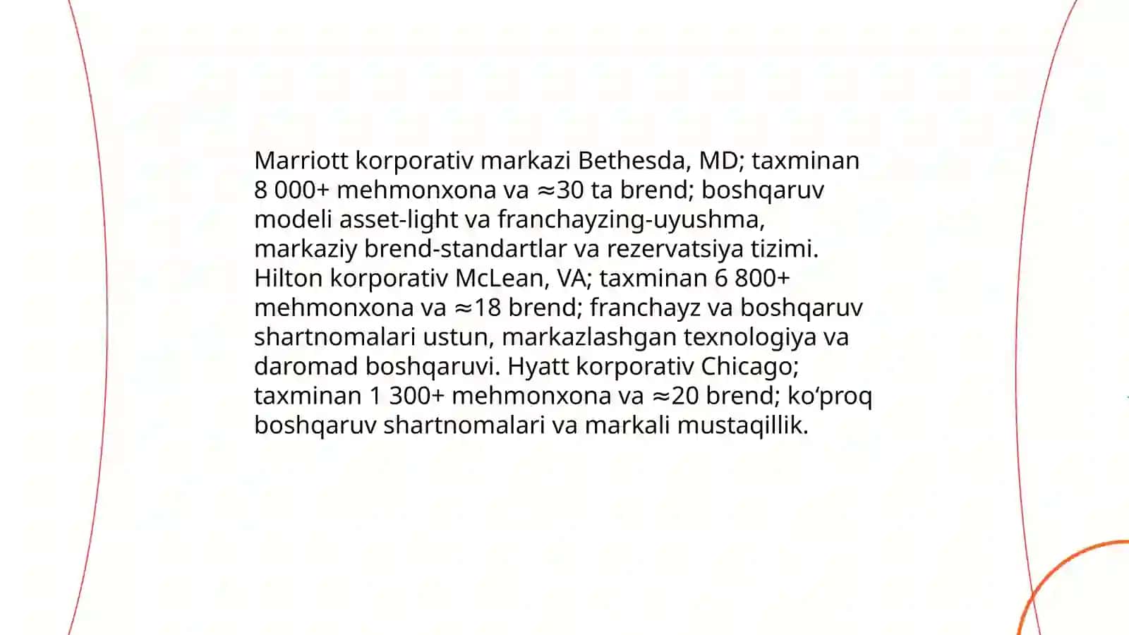 Xalqaro mehmonxona tarmoqlari (Marriott, Hilton, Hyatt) 3
