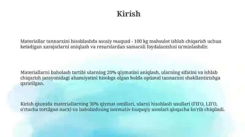 Materiallarning tannarxini hisoblash va ularni baholash tartibi 3
