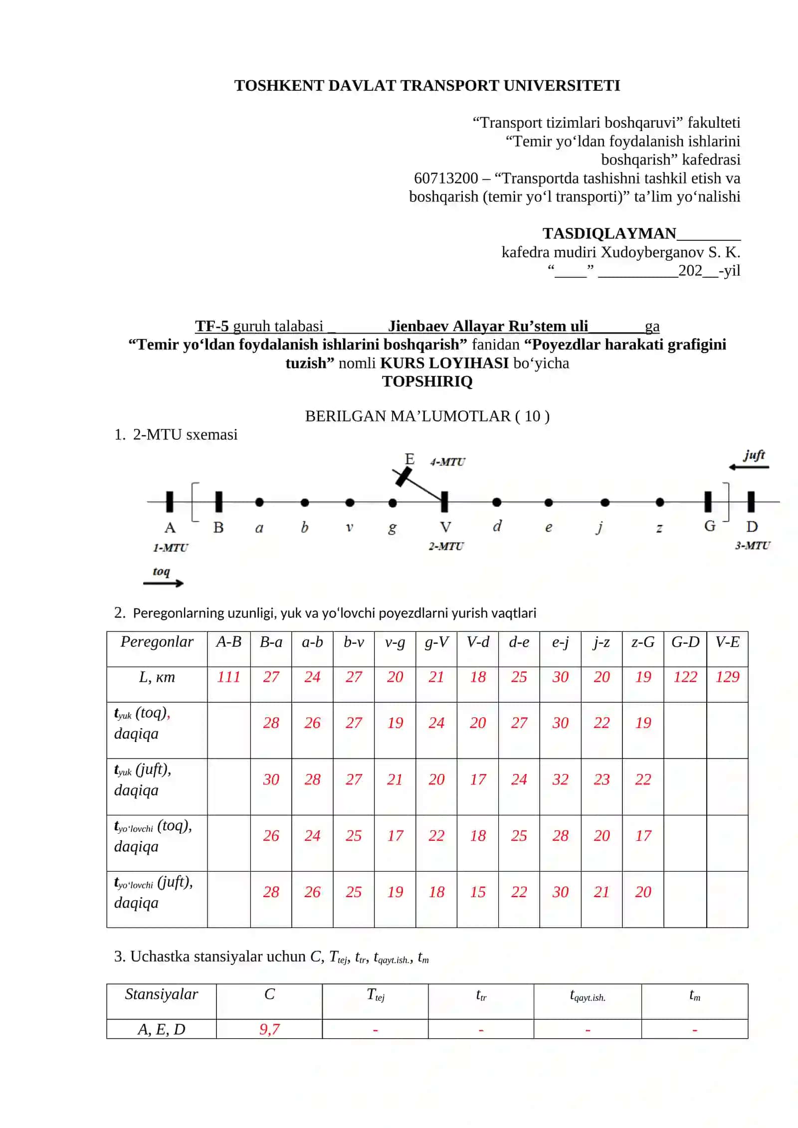 “POYEZDLAR HARAKATI GRAFIGINI TUZISH” KURS LOYIHASI 3
